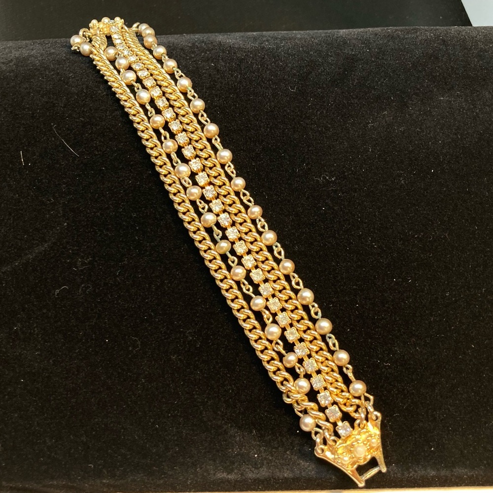 Vintage Gold Tone Multi Strand Bracelet Rhinestones & Faux Pearl